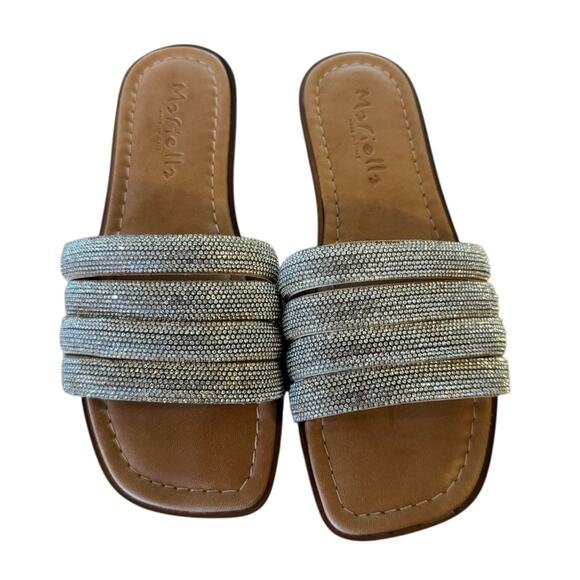 MARELLA Shoes - MARELLA Silver Rhinestone Beaded Slide Sandals Women Size 7 Sparkly Summer Slip